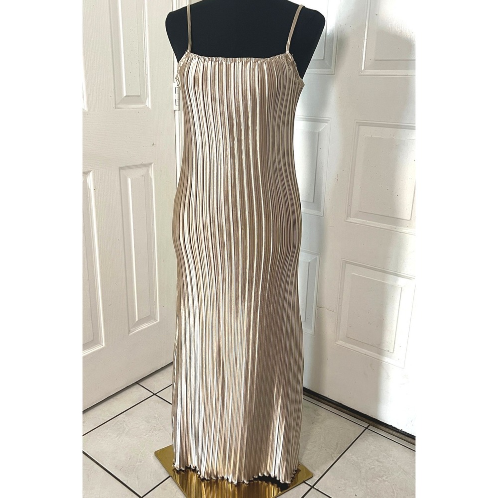 Champagne Gold Pleated Maxi Slip Dress Metallic Formal Gown Womens Size 4
